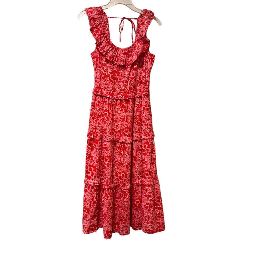J. Crew Red & Pink Ruffled Tie Back Sundress